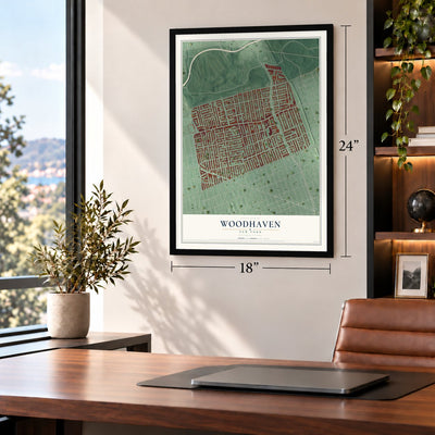 Woodhaven, New York map, 18 x 24 inch print in a black frame in a home office