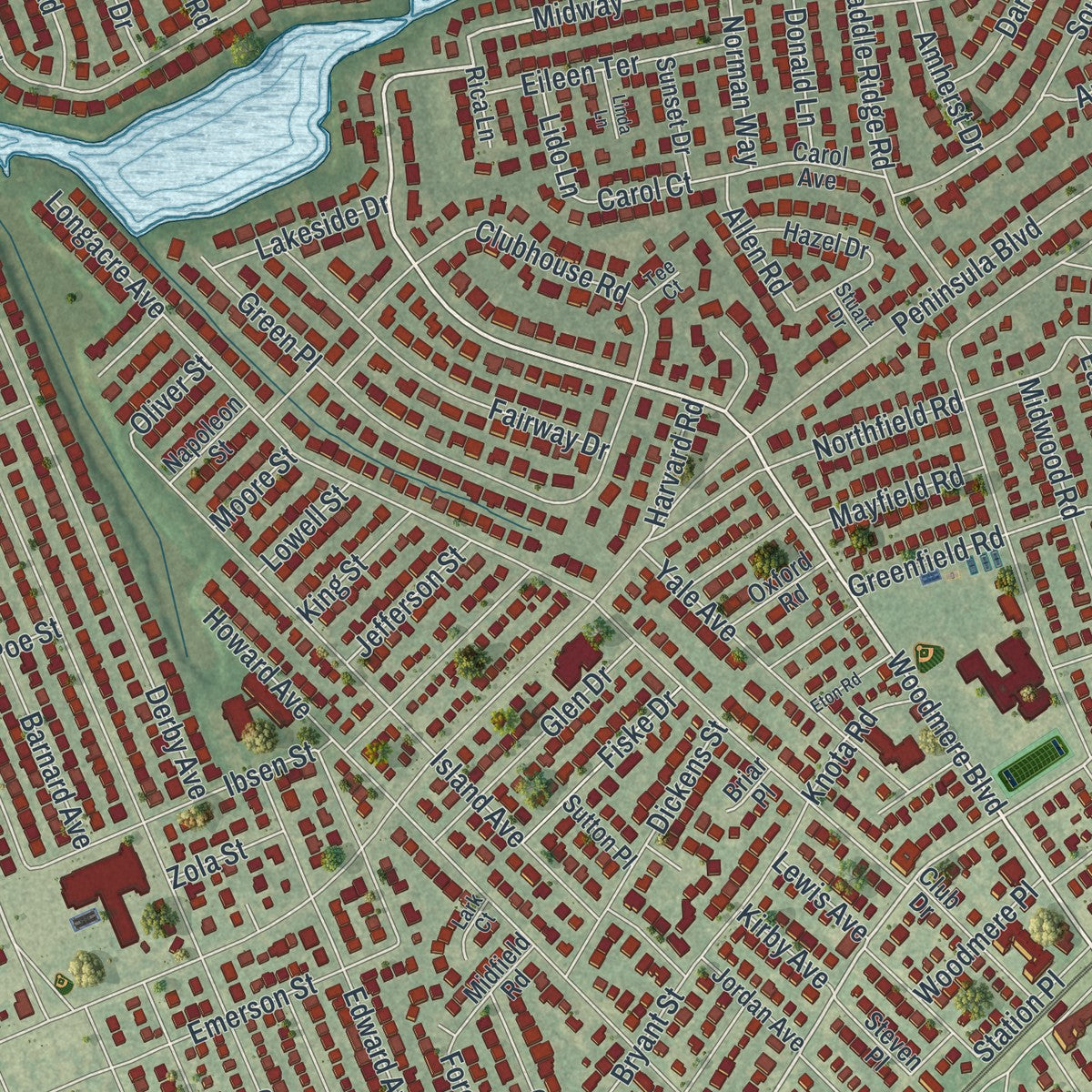 Close-up 1 of the Woodmere, New York map artwork