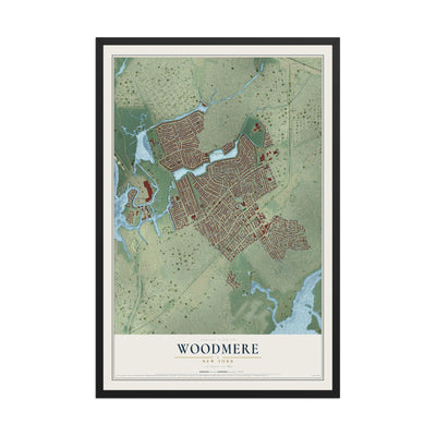 Woodmere, New York map print, 12" x 18" W/ Black Ayous Wood Frame mockup