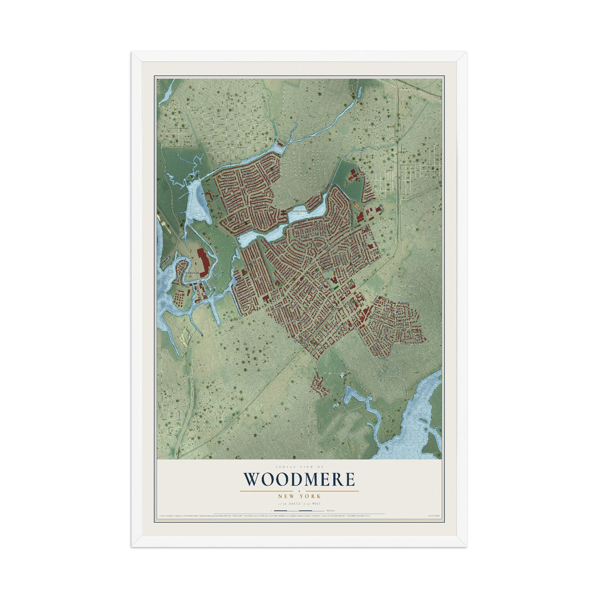 Woodmere, New York map print, 12" x 18" W/ White Ayous Wood Frame mockup