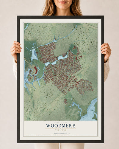 Woodmere, New York map print, 24" x 36" W/ Black Ayous Wood Frame mockup