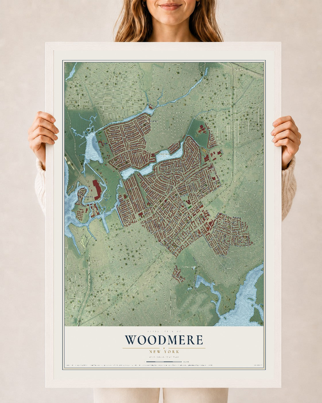Woodmere, New York map print, 24" x 36" W/ White Ayous Wood Frame mockup