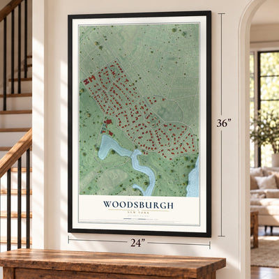 Woodsburgh, New York map, 24 x 36 inch print in a black frame by a staircase