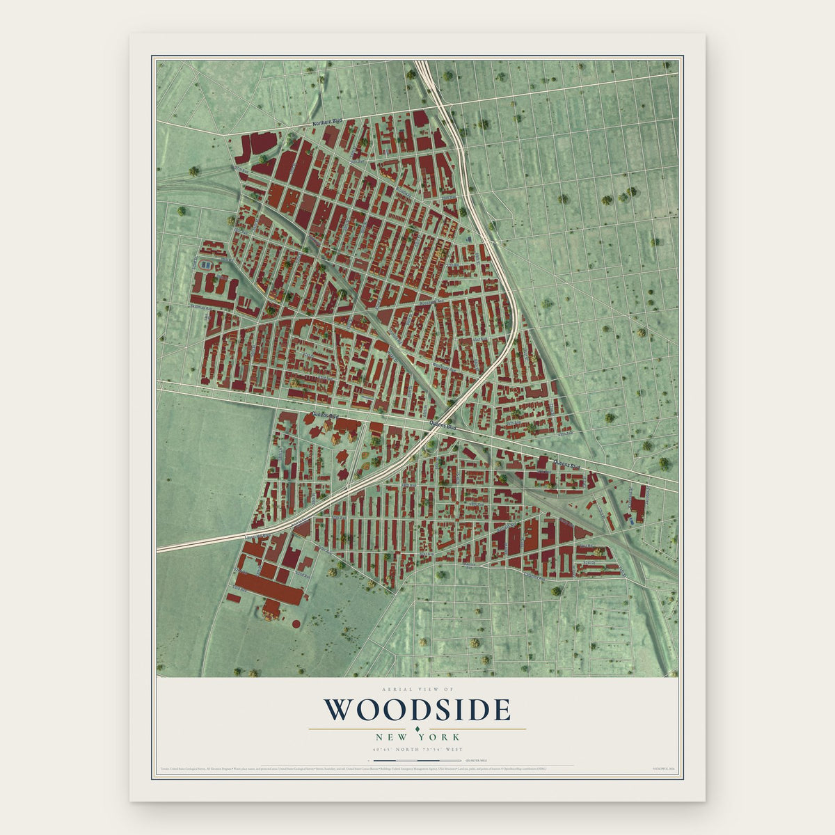 Woodside, New York map print, the full design