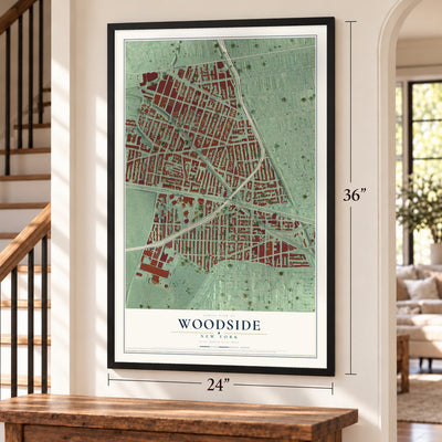 Woodside, New York map, 24 x 36 inch print in a black frame by a staircase