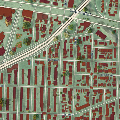 Close-up of the map of Woodside, New York print showing street and building detail