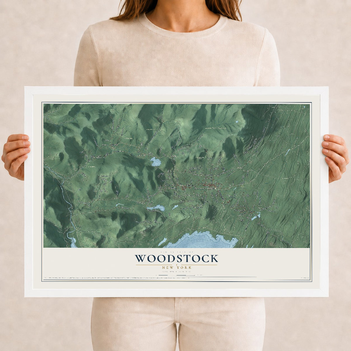 Woodstock, New York map print, 12" x 18" W/ White Ayous Wood Frame mockup