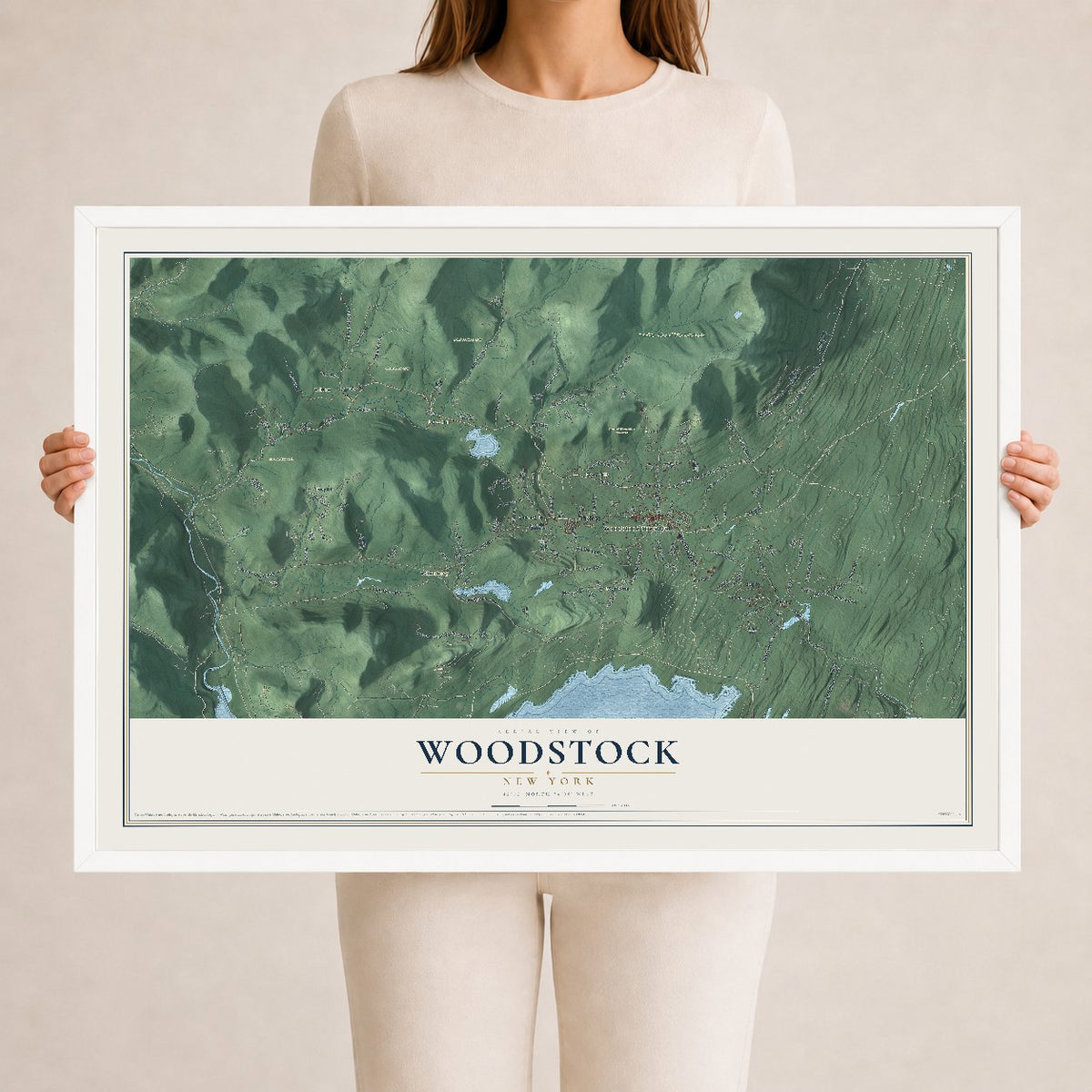 Woodstock, New York map print, 24" x 36" W/ White Ayous Wood Frame mockup
