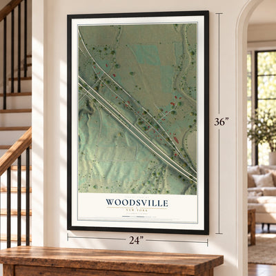 Woodsville, New York map, 24 x 36 inch print in a black frame by a staircase