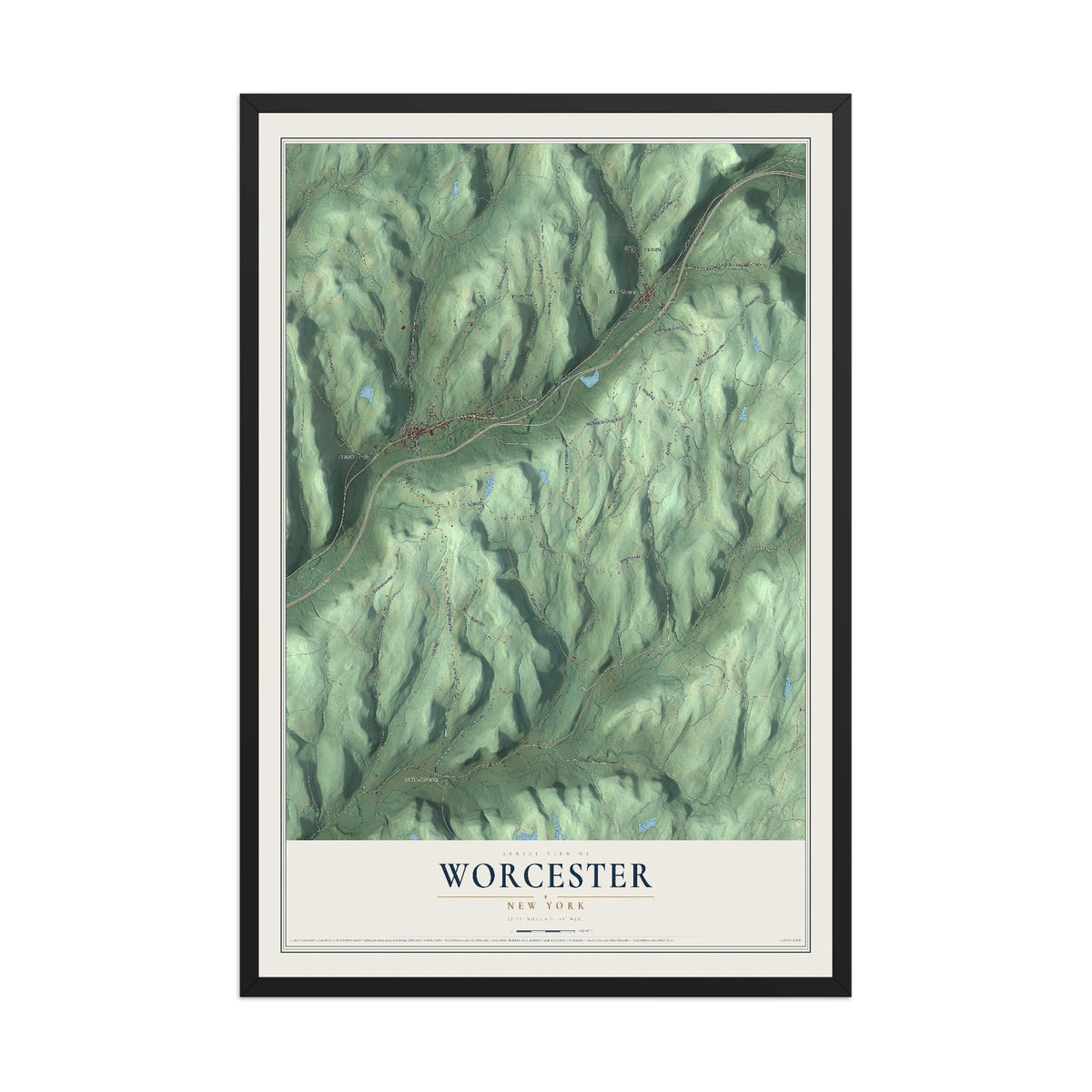 Worcester, New York map print, 12" x 18" W/ Black Ayous Wood Frame mockup