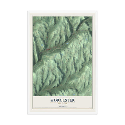 Worcester, New York map print, 12" x 18" W/ White Ayous Wood Frame mockup