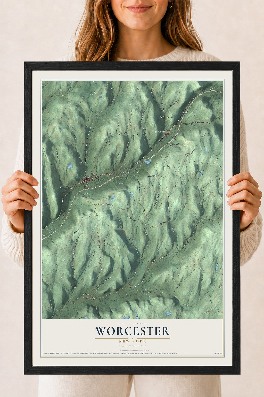 Worcester, New York map print, 18" x 24" W/ Black Ayous Wood Frame mockup