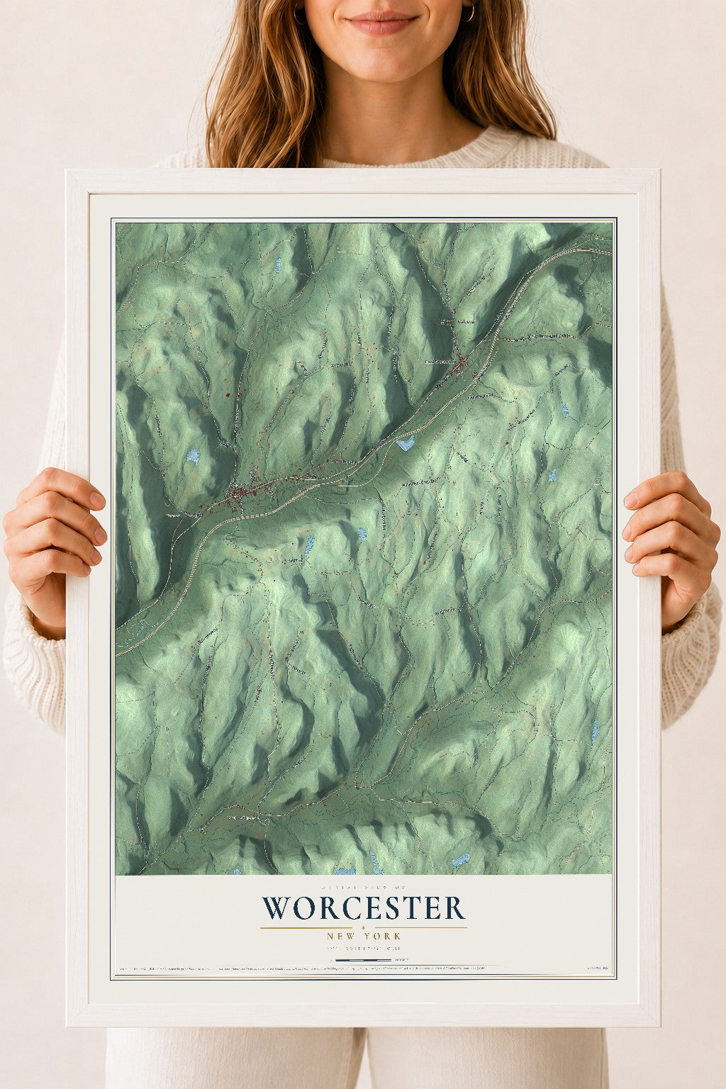 Worcester, New York map print, 18" x 24" W/ White Ayous Wood Frame mockup