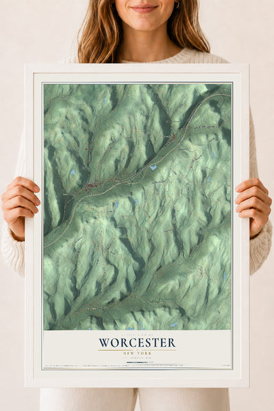 Worcester, New York map print, 18" x 24" W/ White Ayous Wood Frame mockup