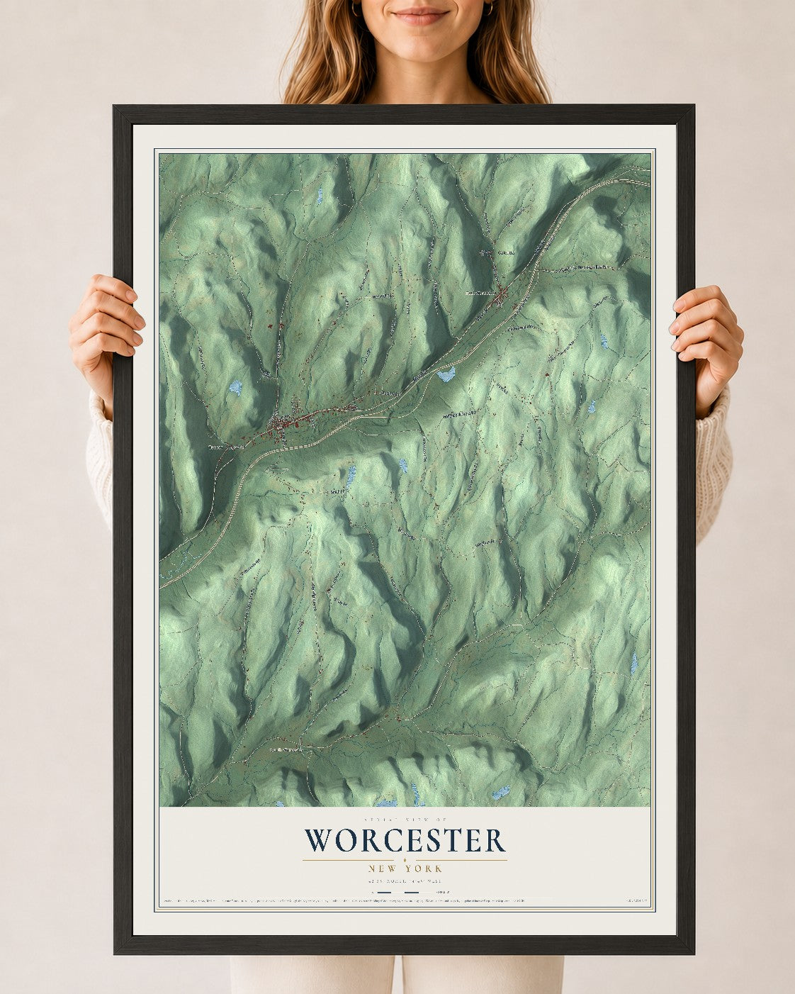 Worcester, New York map print, 24" x 36" W/ Black Ayous Wood Frame mockup