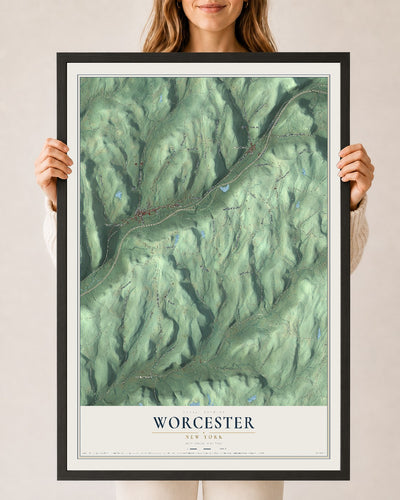 Worcester, New York map print, 24" x 36" W/ Black Ayous Wood Frame mockup