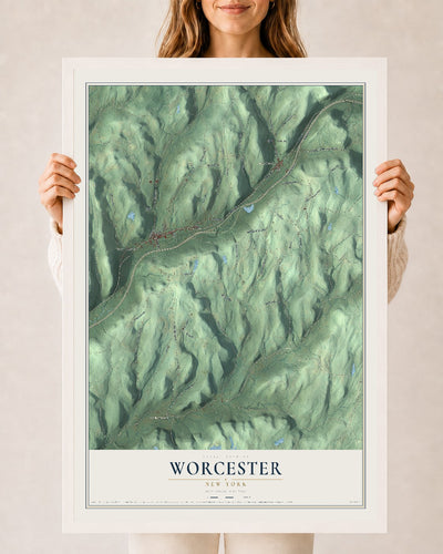 Worcester, New York map print, 24" x 36" W/ White Ayous Wood Frame mockup