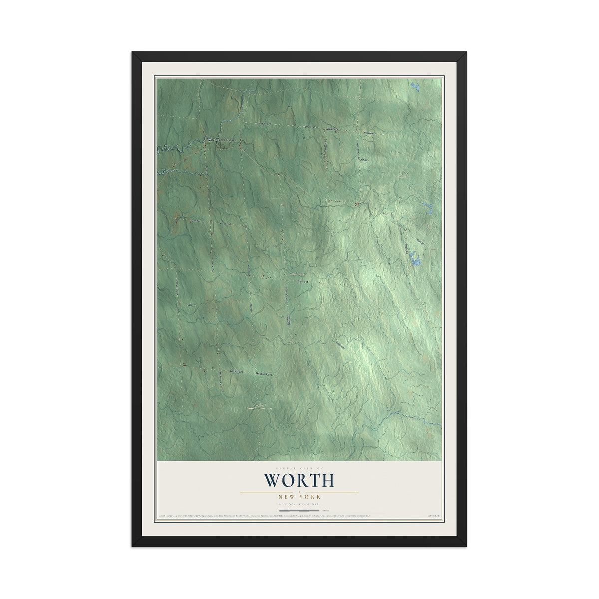 Worth, New York map print, 12" x 18" W/ Black Ayous Wood Frame mockup