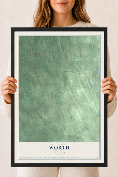 Worth, New York map print, 18" x 24" W/ Black Ayous Wood Frame mockup