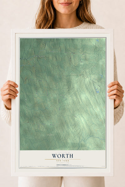 Worth, New York map print, 18" x 24" W/ White Ayous Wood Frame mockup