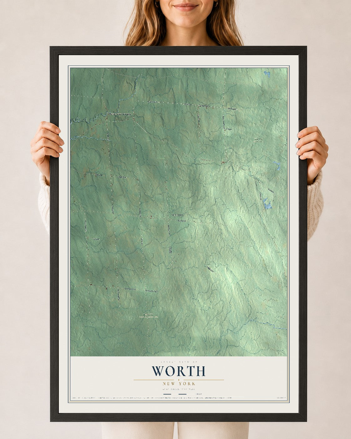 Worth, New York map print, 24" x 36" W/ Black Ayous Wood Frame mockup