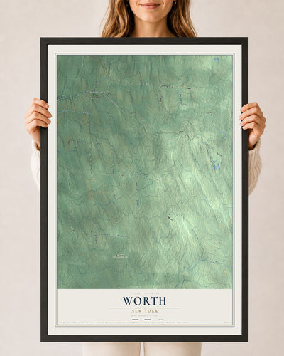 Worth, New York map print, 24" x 36" W/ Black Ayous Wood Frame mockup