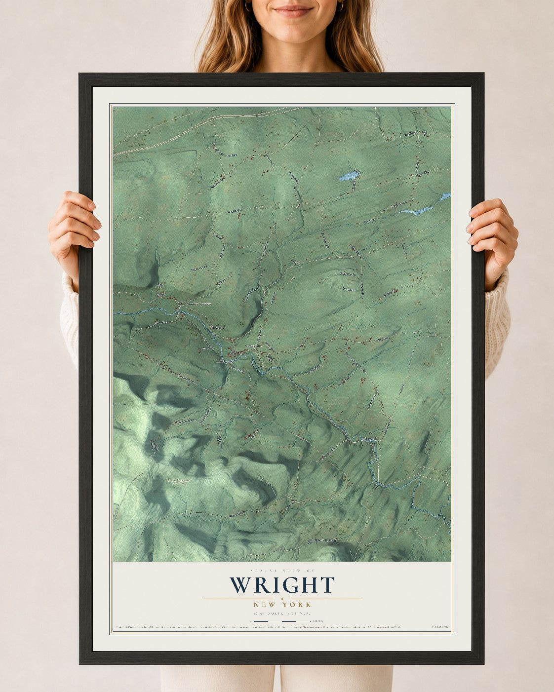Wright, New York map print, 24" x 36" W/ Black Ayous Wood Frame mockup