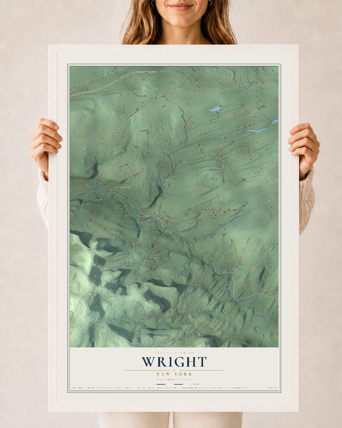 Wright, New York map print, 24" x 36" W/ White Ayous Wood Frame mockup