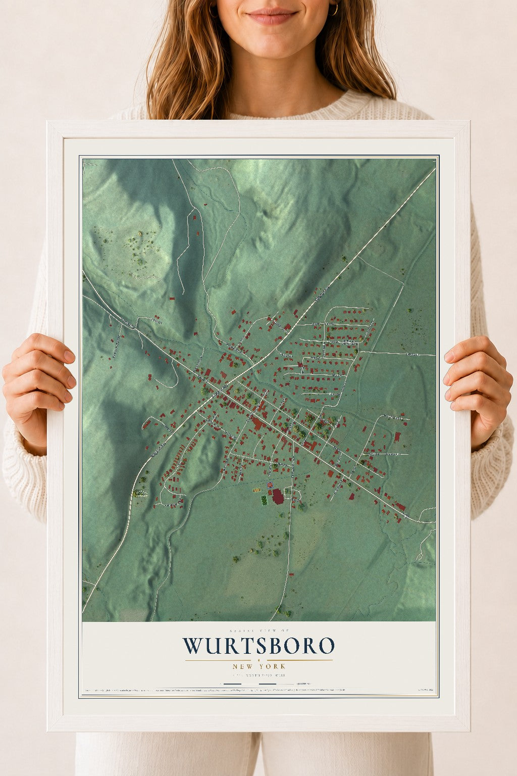 Wurtsboro, New York map print, 18" x 24" W/ White Ayous Wood Frame mockup