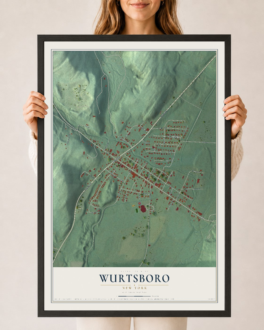 Wurtsboro, New York map print, 24" x 36" W/ Black Ayous Wood Frame mockup