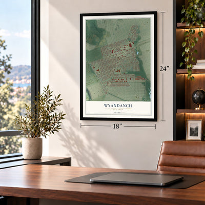 Wyandanch, New York map, 18 x 24 inch print in a black frame in a home office