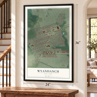 Wyandanch, New York map, 24 x 36 inch print in a black frame by a staircase