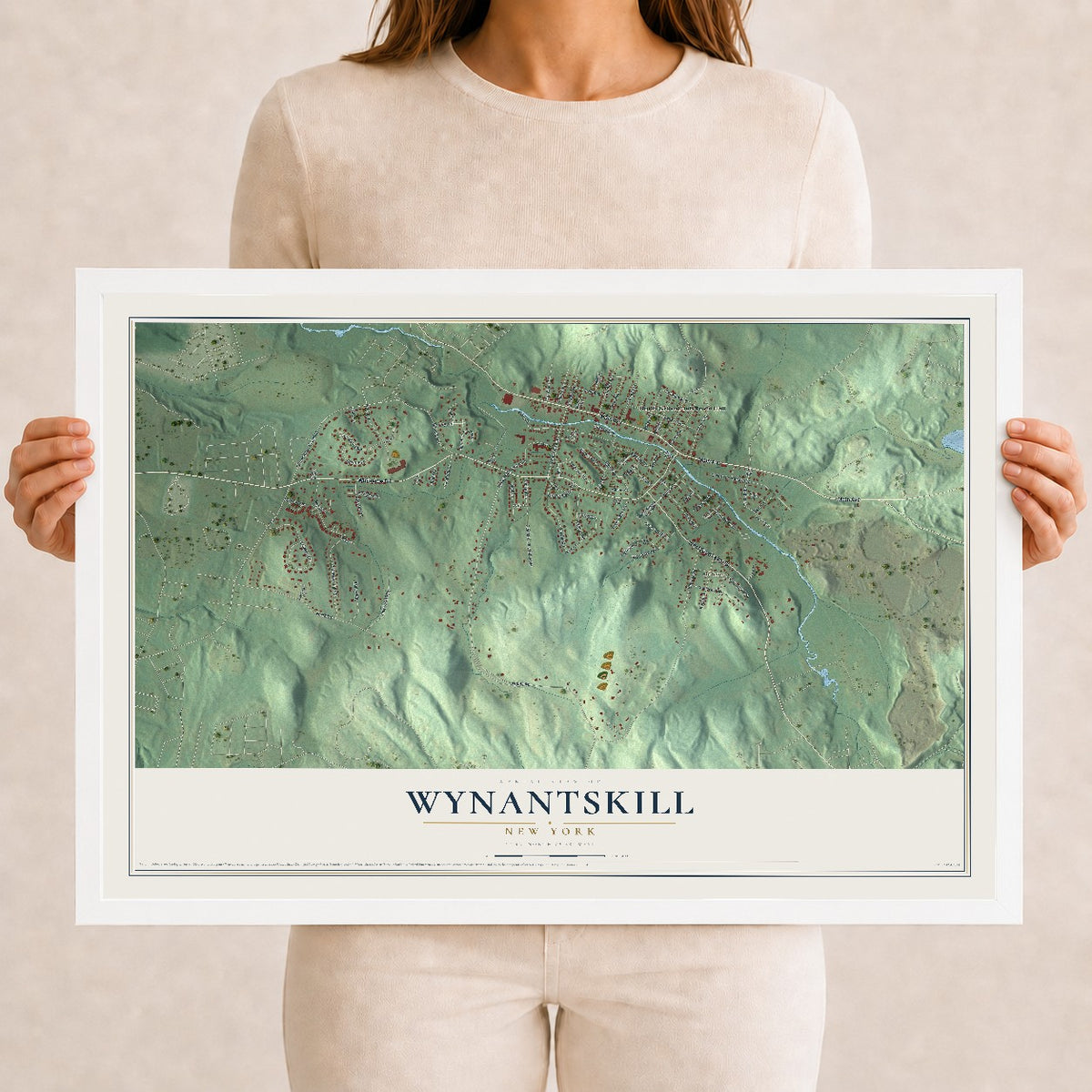 Wynantskill, New York map print, 12" x 18" W/ White Ayous Wood Frame mockup