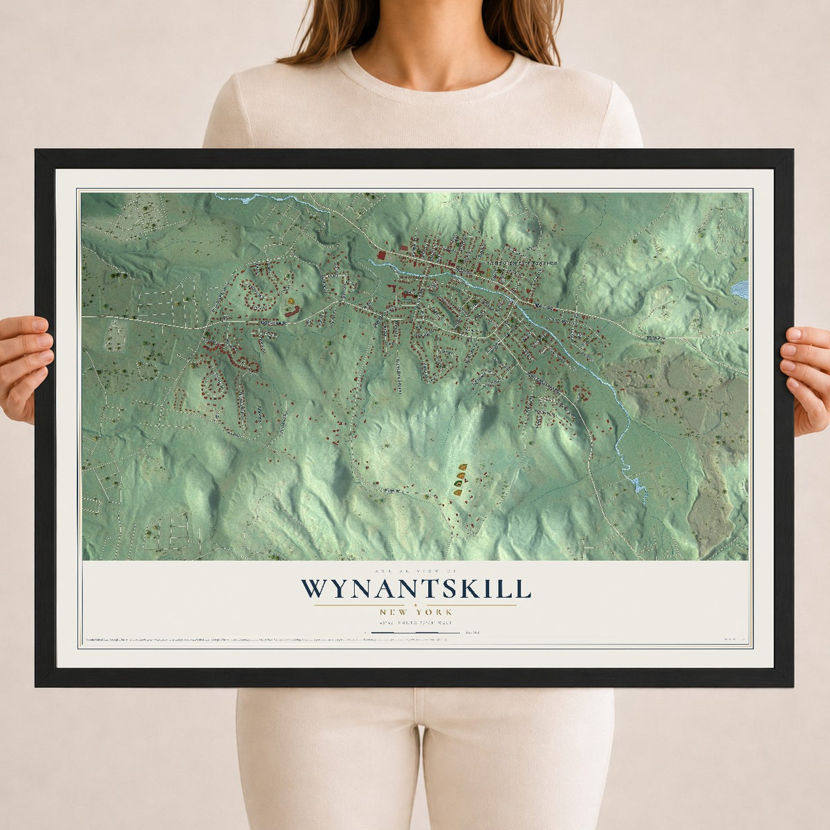 Wynantskill, New York map print, 18" x 24" W/ Black Ayous Wood Frame mockup