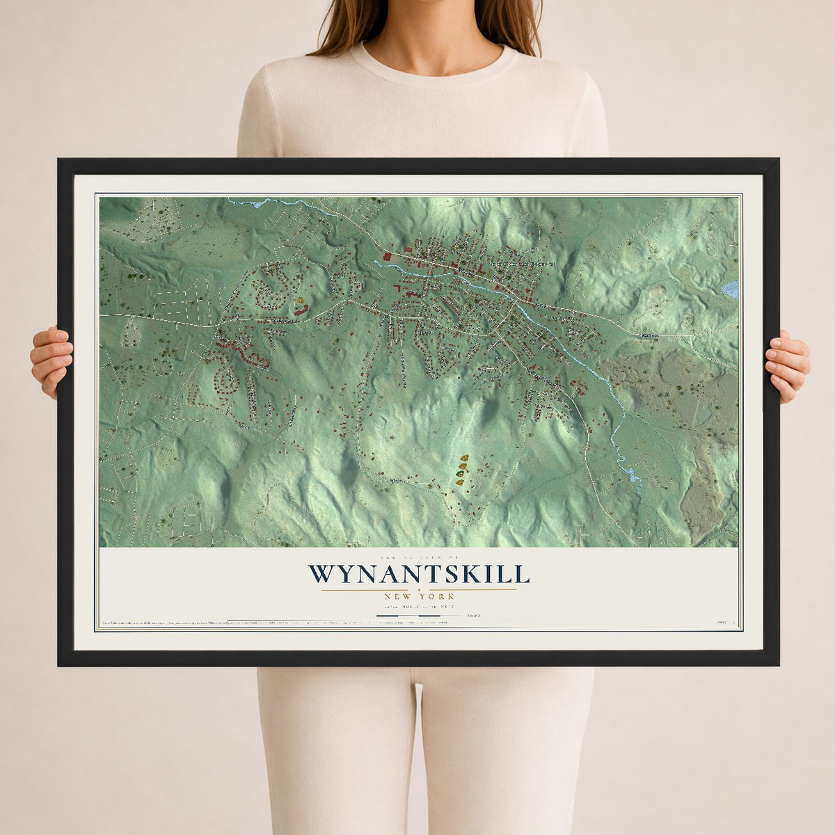 Wynantskill, New York map print, 24" x 36" W/ Black Ayous Wood Frame mockup