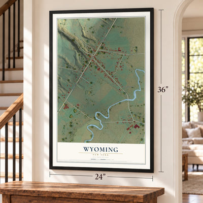 Wyoming, New York map, 24 x 36 inch print in a black frame by a staircase