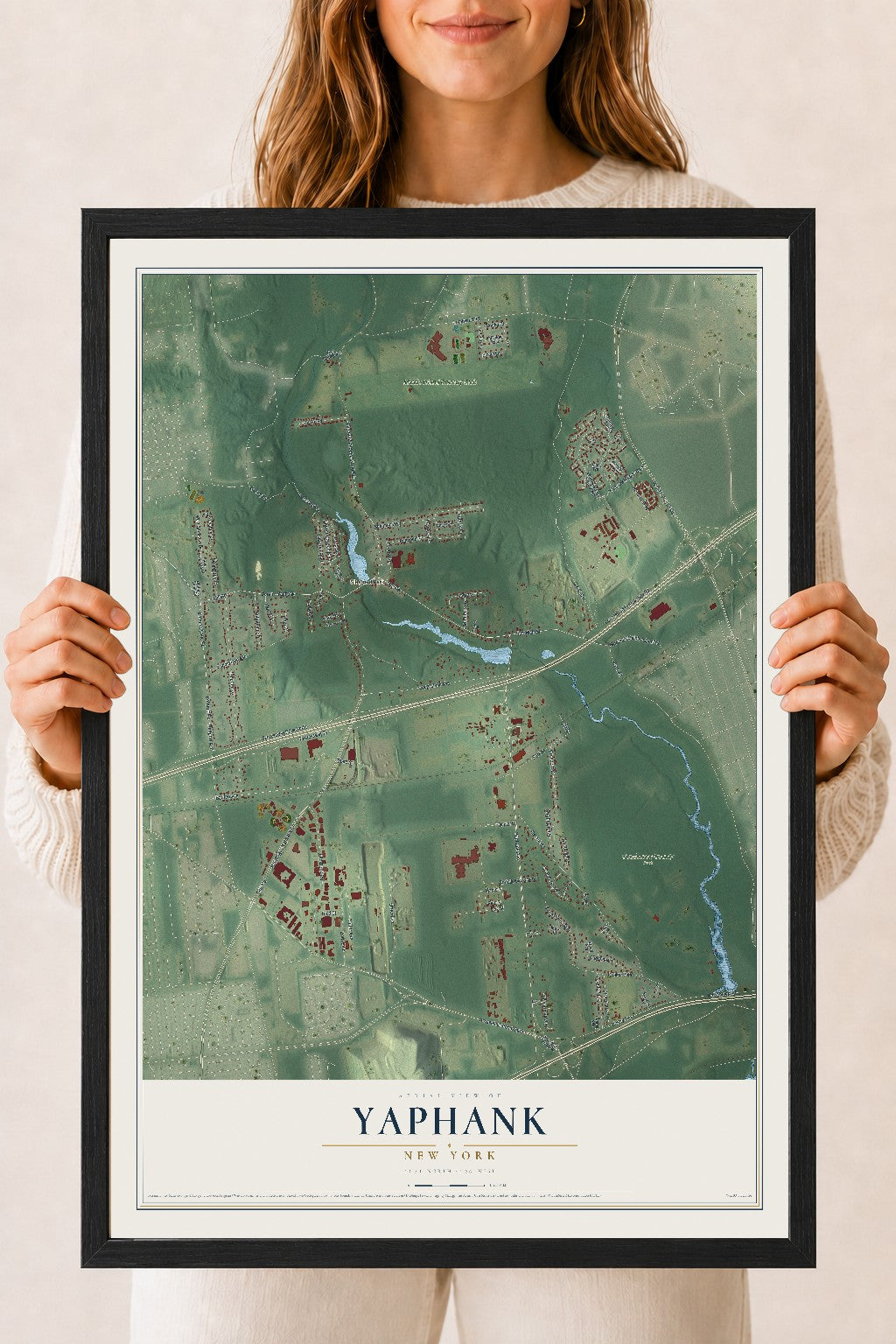 Yaphank, New York map print, 18" x 24" W/ Black Ayous Wood Frame mockup