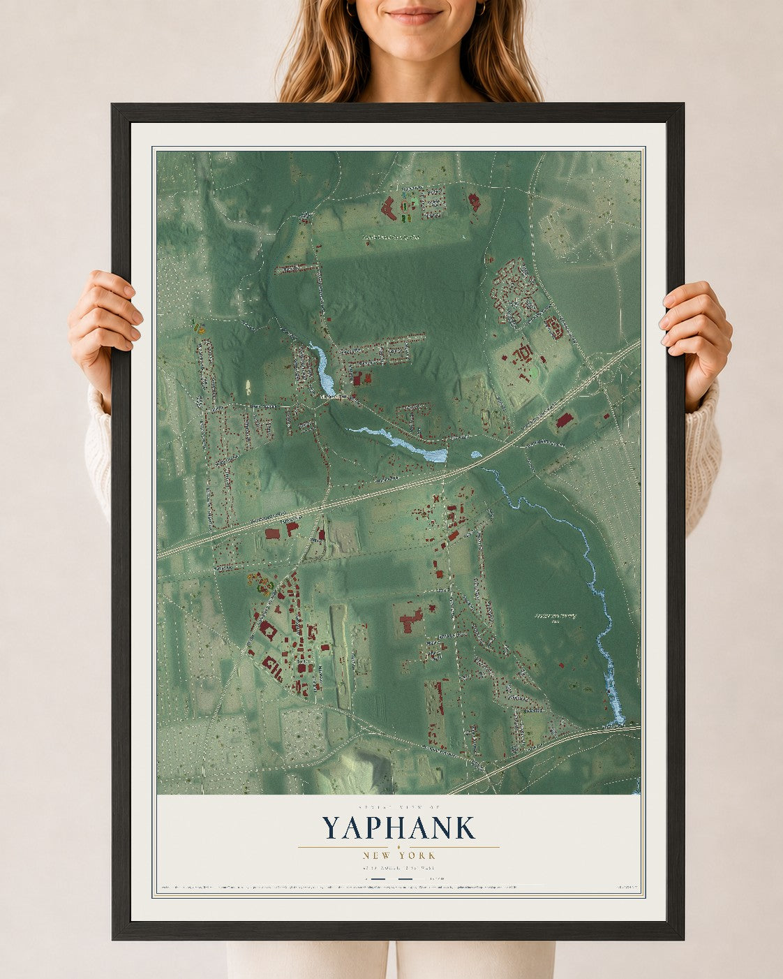 Yaphank, New York map print, 24" x 36" W/ Black Ayous Wood Frame mockup