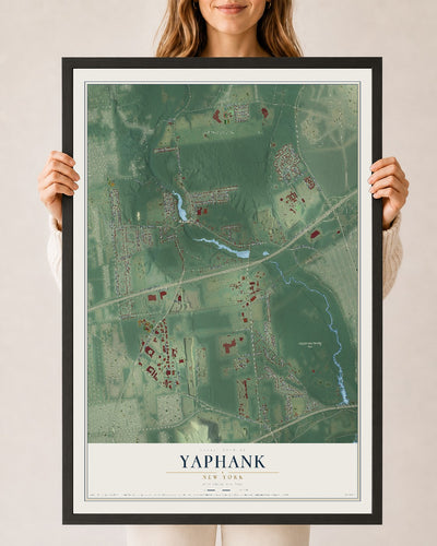 Yaphank, New York map print, 24" x 36" W/ Black Ayous Wood Frame mockup