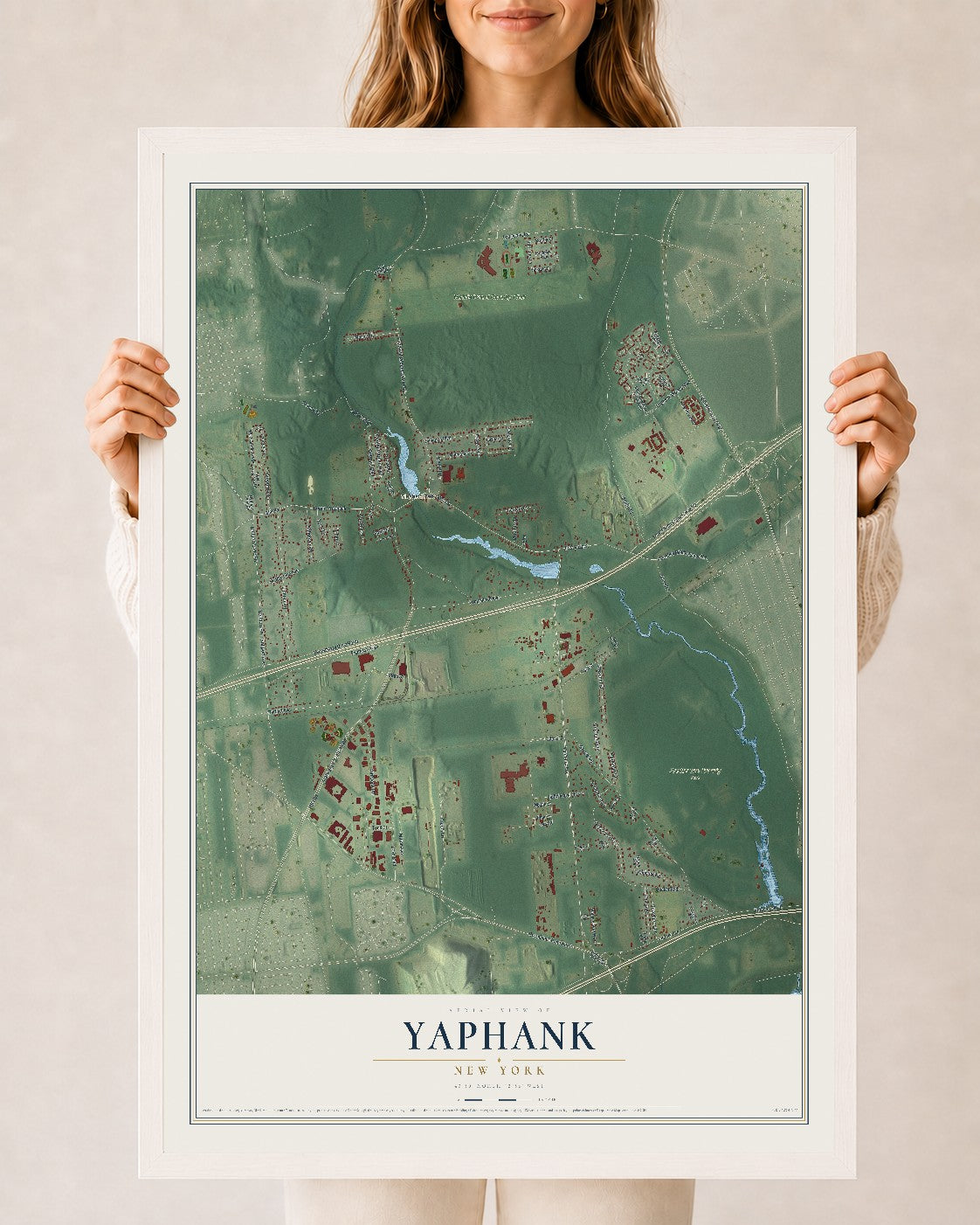 Yaphank, New York map print, 24" x 36" W/ White Ayous Wood Frame mockup