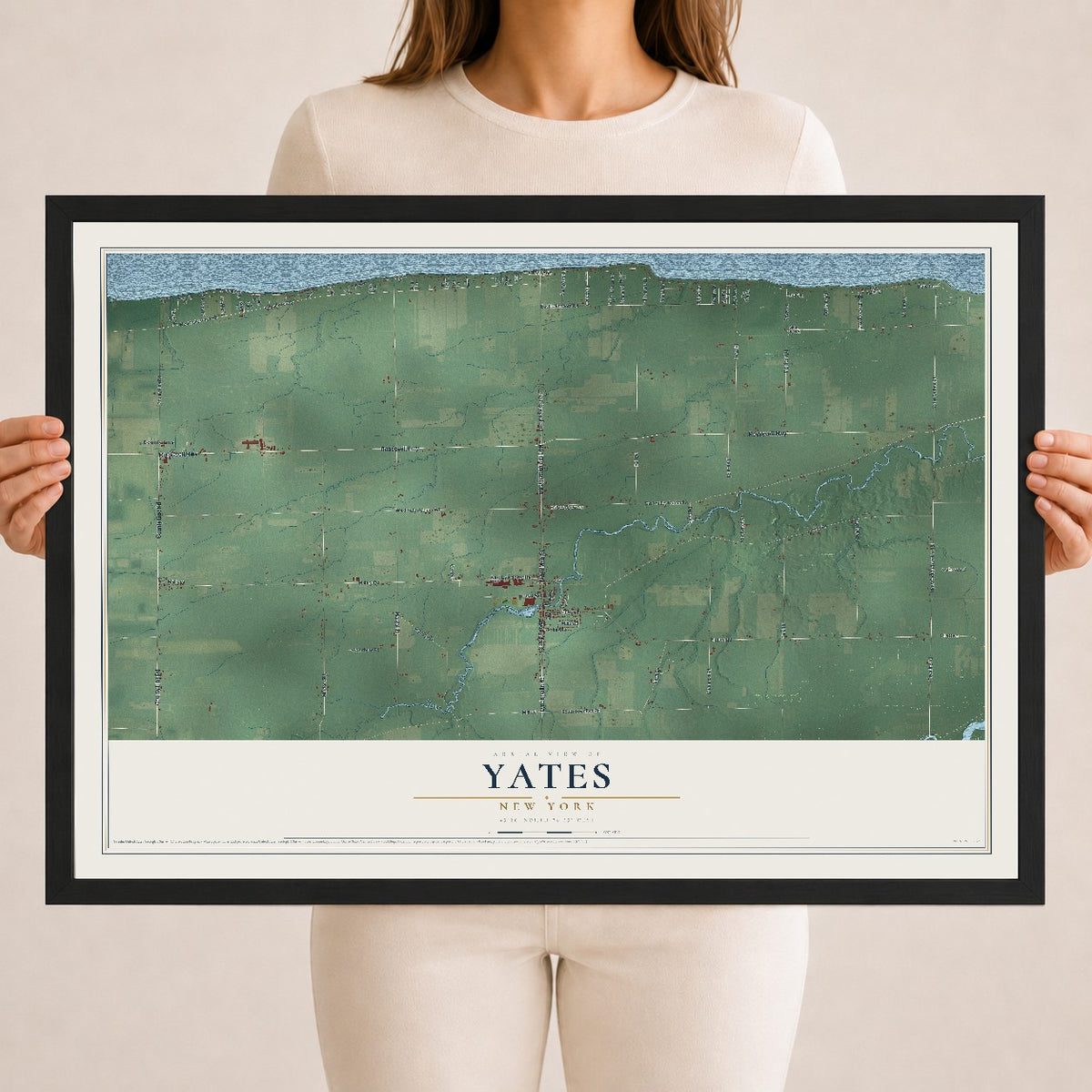 Yates, New York map print, 18" x 24" W/ Black Ayous Wood Frame mockup
