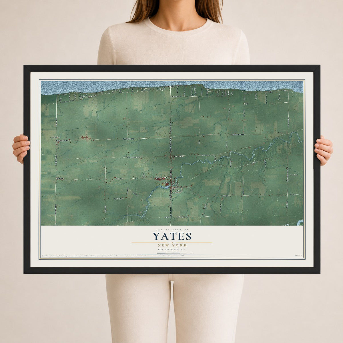 Yates, New York map print, 24" x 36" W/ Black Ayous Wood Frame mockup