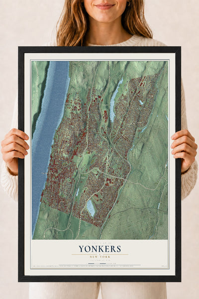 Yonkers, New York map print, 18" x 24" W/ Black Ayous Wood Frame mockup