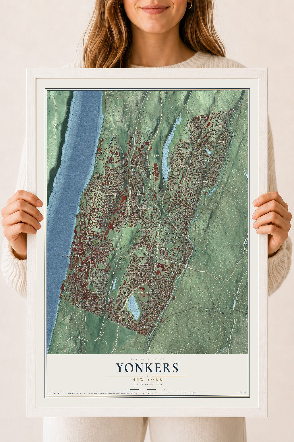Yonkers, New York map print, 18" x 24" W/ White Ayous Wood Frame mockup