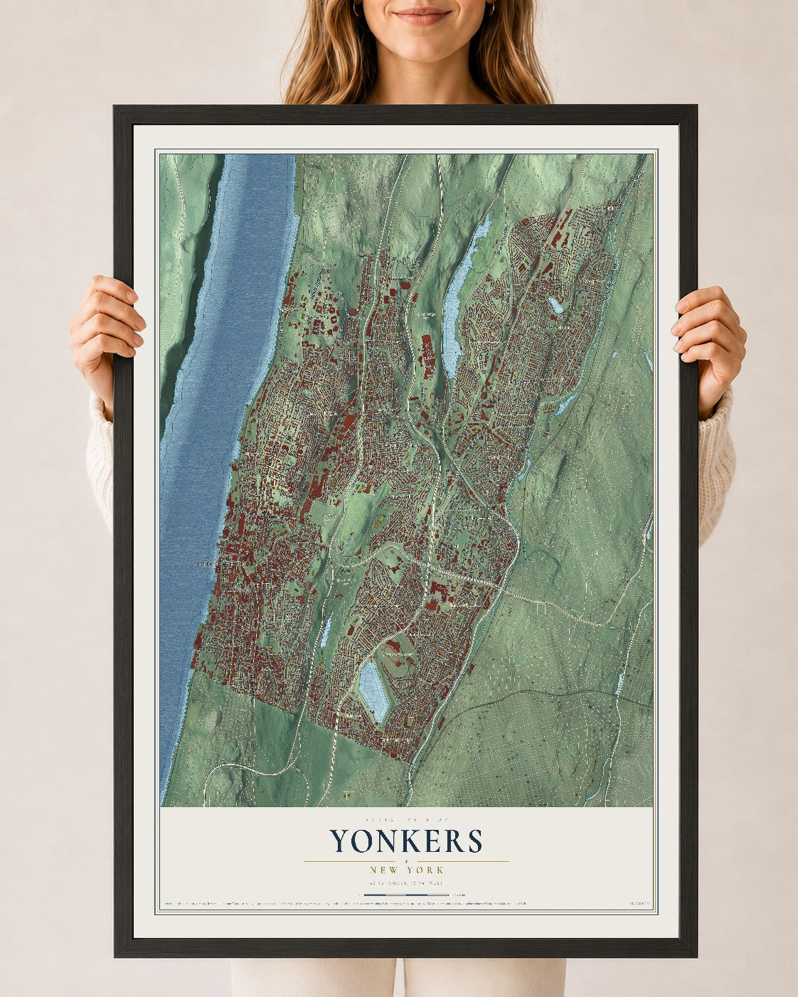 Yonkers, New York map print, 24" x 36" W/ Black Ayous Wood Frame mockup