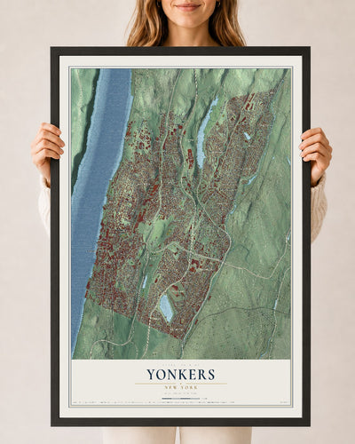 Yonkers, New York map print, 24" x 36" W/ Black Ayous Wood Frame mockup