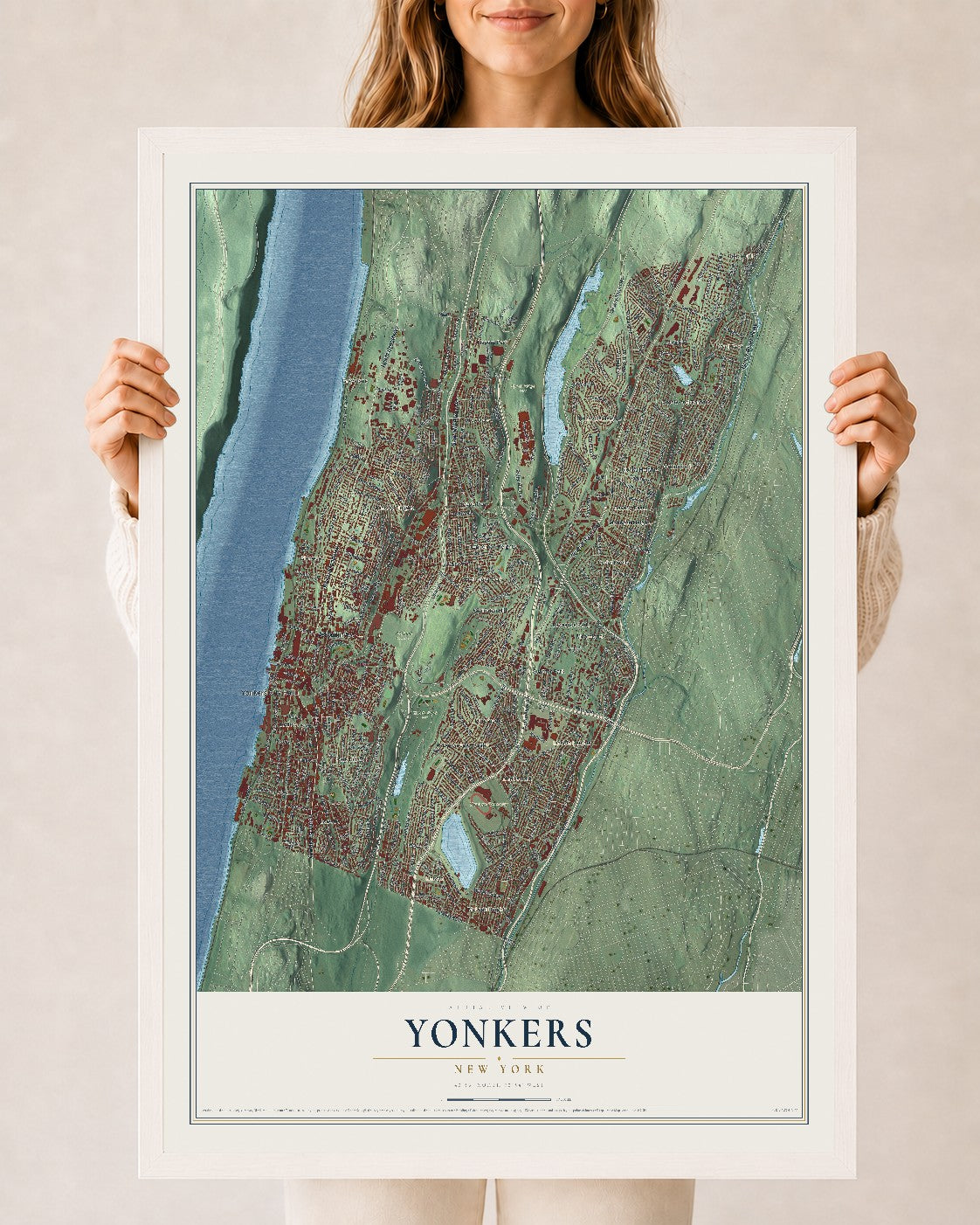Yonkers, New York map print, 24" x 36" W/ White Ayous Wood Frame mockup