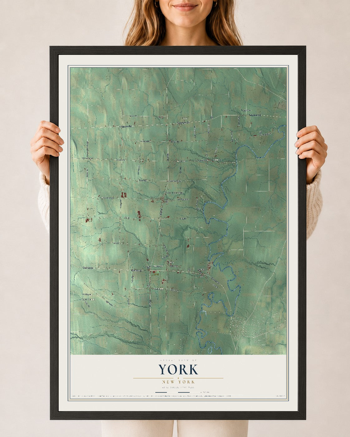 York, New York map print, 24" x 36" W/ Black Ayous Wood Frame mockup