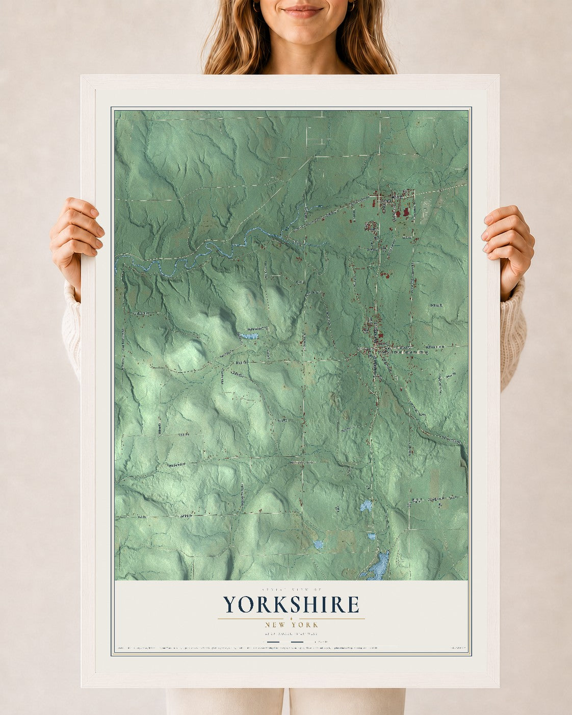 Yorkshire, New York map print, 24" x 36" W/ White Ayous Wood Frame mockup