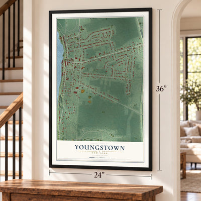 Youngstown, New York map, 24 x 36 inch print in a black frame by a staircase
